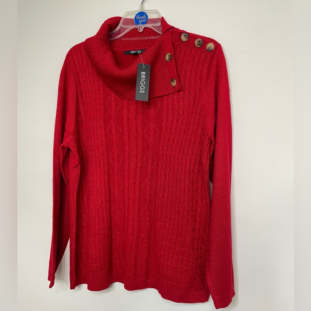 Briggs New York Red Cowl Neck Sweater with Button Accents~ Size‎ Large ~ NWT